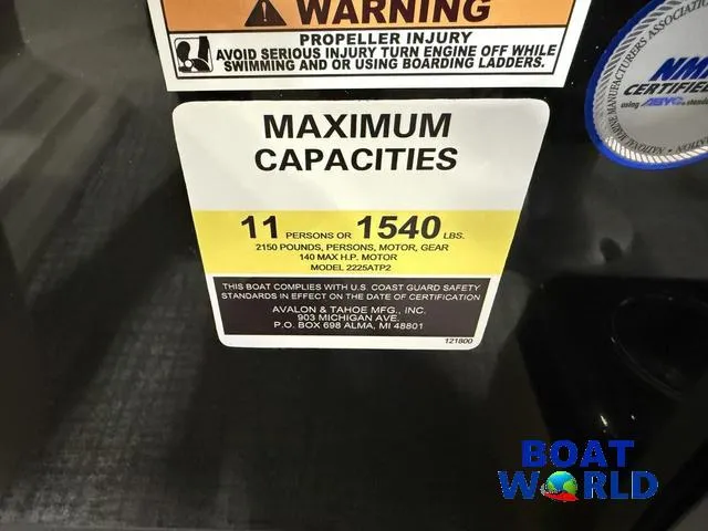 Slide: The Image of Capacity label for 2025 Tahoe Sport 2385, max 11 people or 1540 lbs, safety warning included. - 17