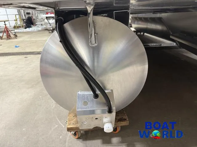 Slide: The Image of 2025 Tahoe Sport 2385 Rear Fish pontoon detail in a workshop setting. - 37