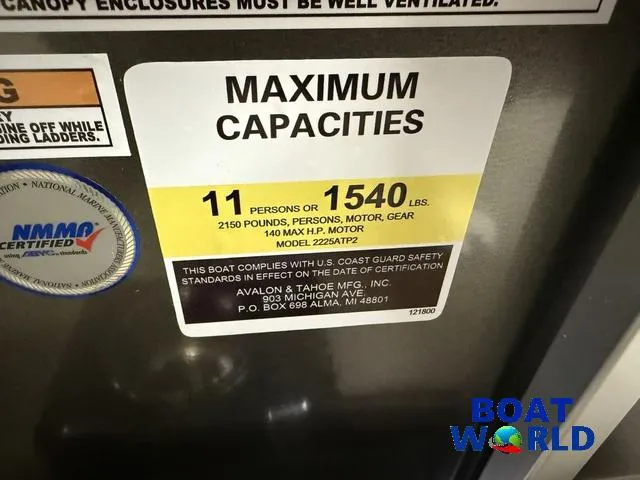 Slide: The Image of Maximum capacity label for 2025 Tahoe Sport 2385, 11 persons or 1540 lbs, Boat World logo. - 17