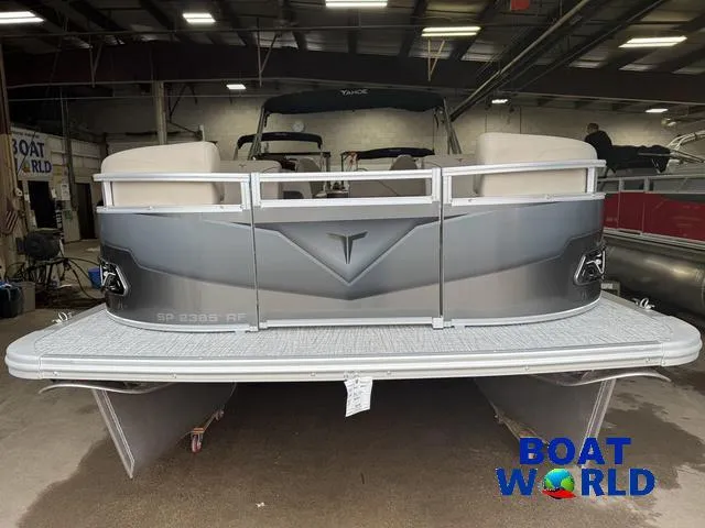 Slide: The Image of 2025 Tahoe Sport 2385 Rear Fish pontoon boat in showroom, featuring Honda 4-Stroke EFI. - 29