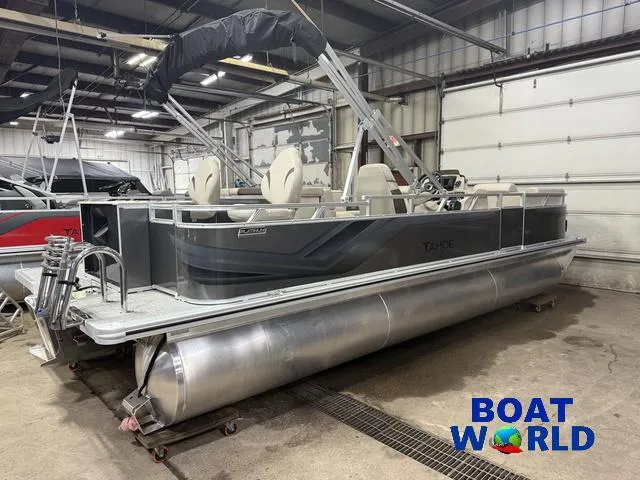 Slide: The Image of 2025 Tahoe Sport 2385 Rear Fish pontoon boat in a showroom, featuring Honda 4-Stroke EFI. - 37