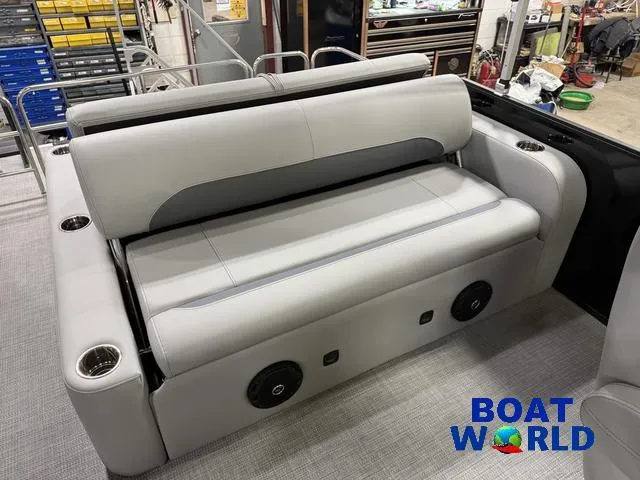 Slide: The Image of 2025 Bentley Pontoons Legacy 220 Swingback interior with sleek seating and modern design. - 19