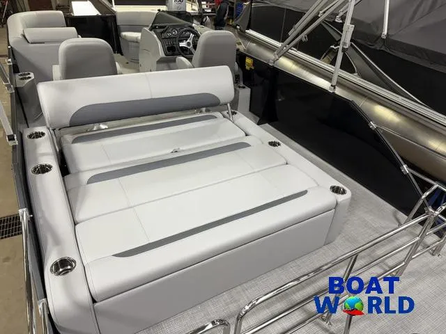 Slide: The Image of 2025 Bentley Pontoons Legacy 220 Swingback with Honda 4-Stroke EFI, luxurious seating, Boat World logo. - 23