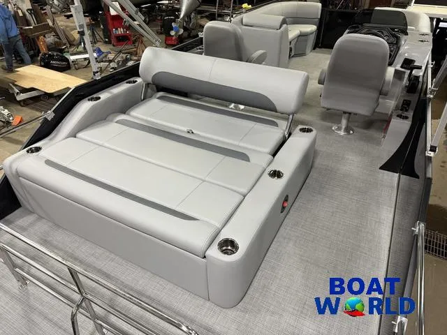 Slide: The Image of 2025 Bentley Pontoons Legacy 220 Swingback interior with Honda 4-Stroke EFI engine, showcased at Boat World. - 24
