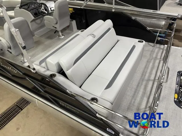Slide: The Image of 2025 Bentley Pontoons Legacy 220 Swingback interior with Honda 4-Stroke EFI engine, showcased by Boat World. - 5