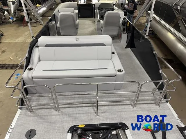 Slide: The Image of 2025 Bentley Pontoons Legacy 220 Swingback interior with seating and Honda 4-Stroke EFI engine. - 6