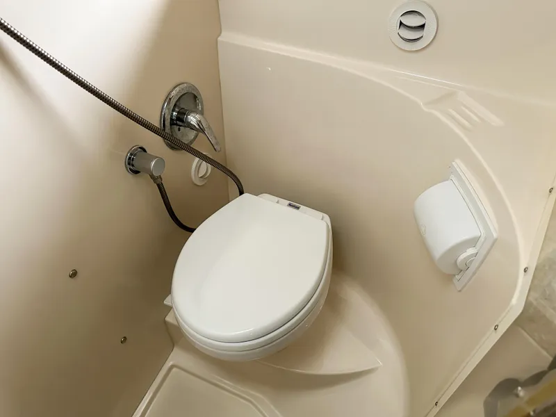 Slide: The Image of 2007 Regal Commodore 3760 IO boat bathroom with compact toilet and showerhead. - 29