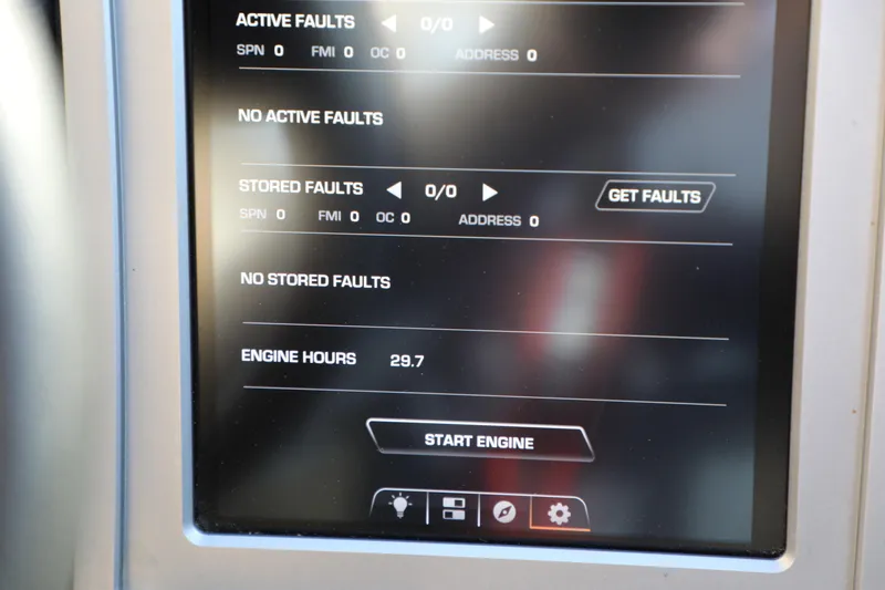Slide: The Image of Touchscreen display showing engine diagnostics for 2023 Supra SL, no active faults, 29.7 engine hours. - 23