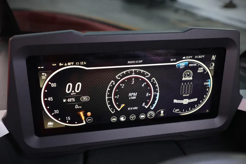 Slide: The Image of Dashboard display of 2023 Malibu Wakesetter 22 LSV showing speed, RPM, and controls. - 18