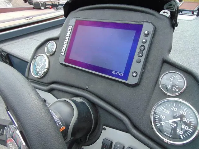 Slide: The Image of Dashboard of 2023 Ranger RT188C boat with Lowrance Elite fishfinder and gauges. - 8
