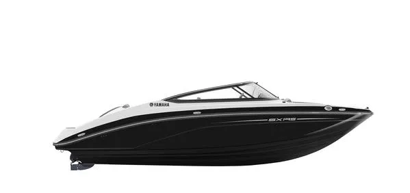 Slide: The Image of 2025 Yamaha Boats SX195, sleek black and white design, side view. - 11