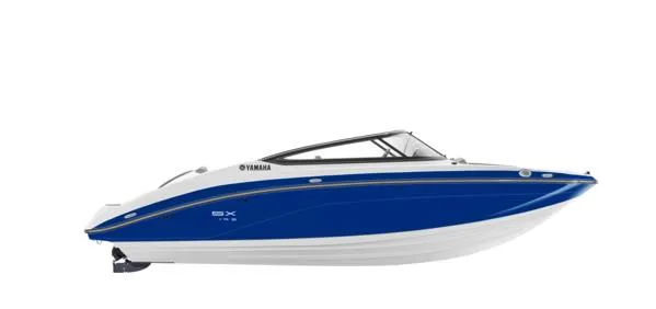 Slide: The Image of 2025 Yamaha Boats SX195, blue and white design, side view. - 9