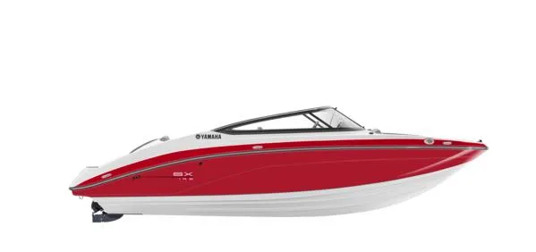 Slide: The Image of 2025 Yamaha Boats SX195, red and white speedboat, side view. - 3