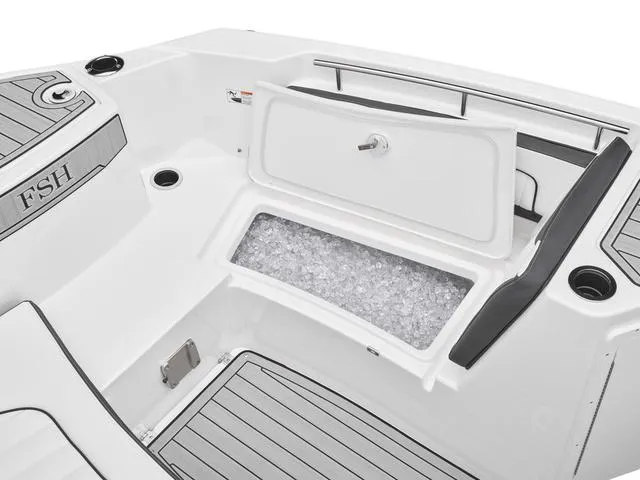Slide: The Image of 2025 Yamaha Boats 252 FSH Sport with open storage compartment filled with ice. - 11