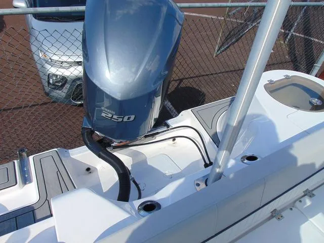 Slide: The Image of 2022 Sea Fox 249 Avenger boat with a 250 horsepower outboard motor, viewed from above. - 10