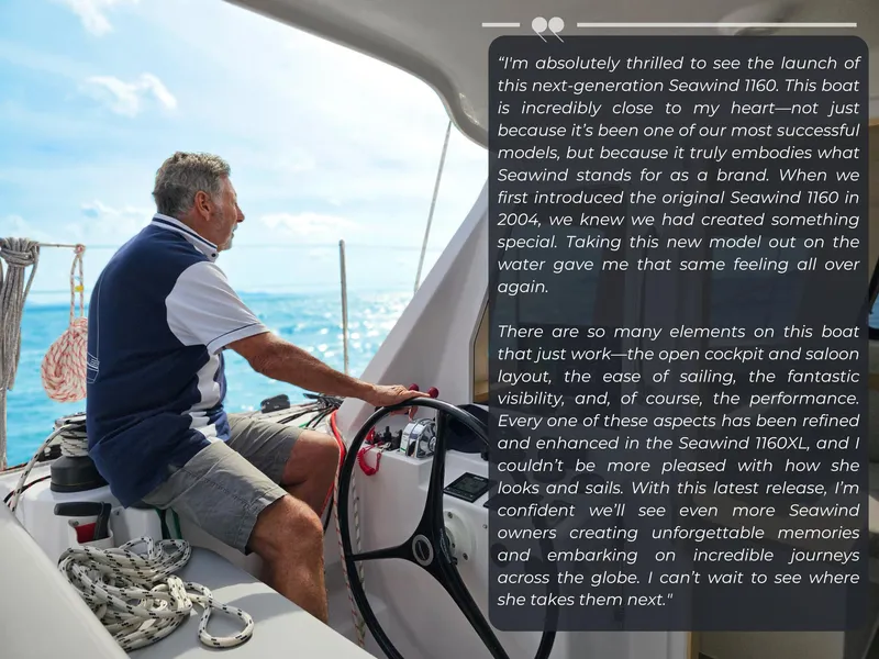 Slide: The Image of Man steering Seawind 1160 XL yacht, 2025 model, with ocean view and testimonial text overlay. - 9