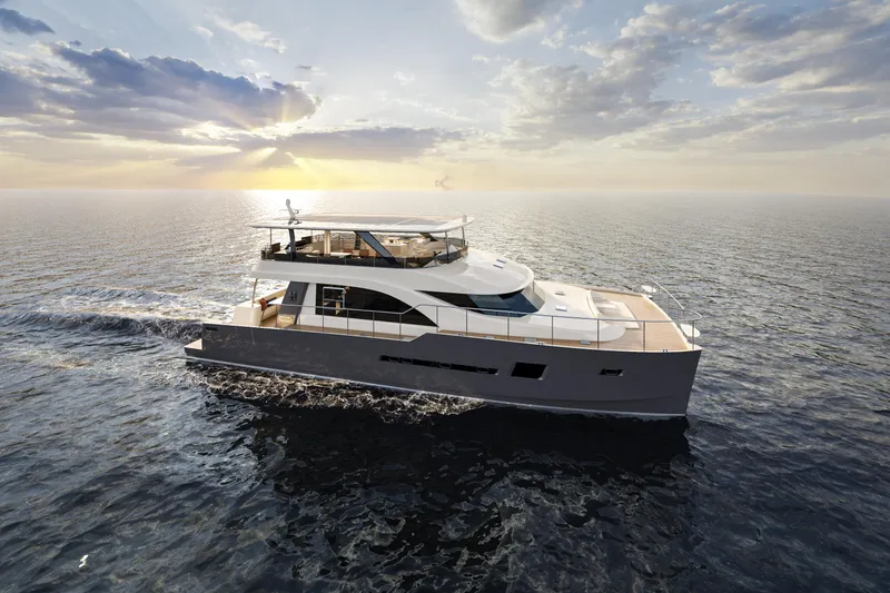 The Image of 2025 Catamaran HS 65 sailing at sunset on open sea. - 0