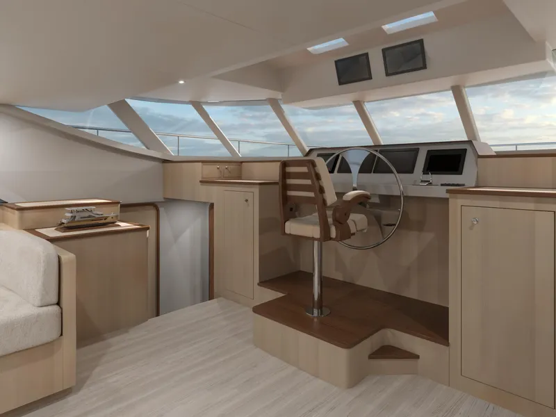 Slide: The Image of Modern interior of 2025 Catamaran HS 65 with sleek helm and panoramic windows. - 10
