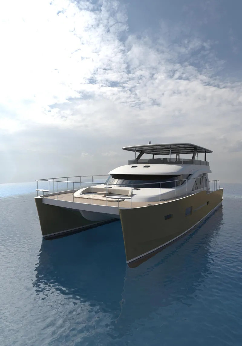 Slide: The Image of Futuristic 2025 Catamaran HS 65 sailing on calm ocean under cloudy sky. - 11