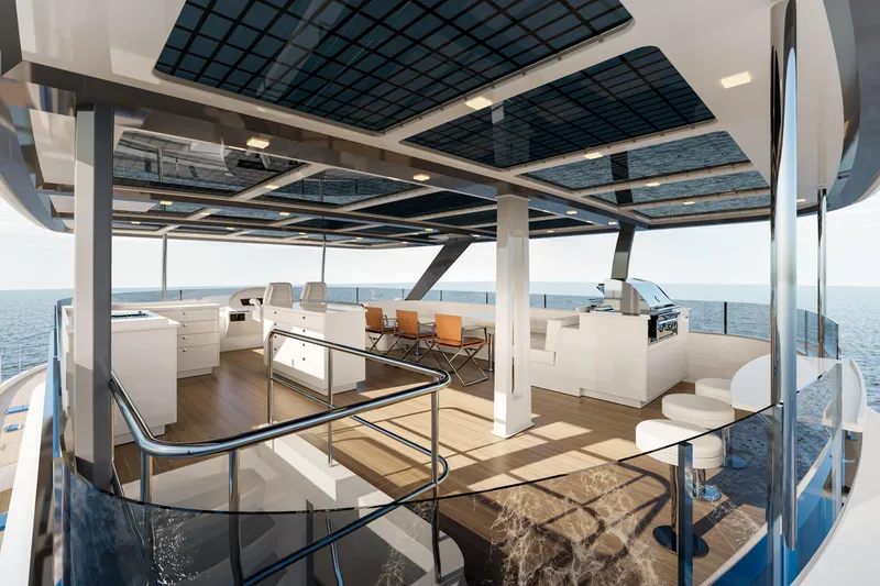 Slide: The Image of Luxurious 2025 Catamaran HS 65 interior with modern design and ocean view. - 13
