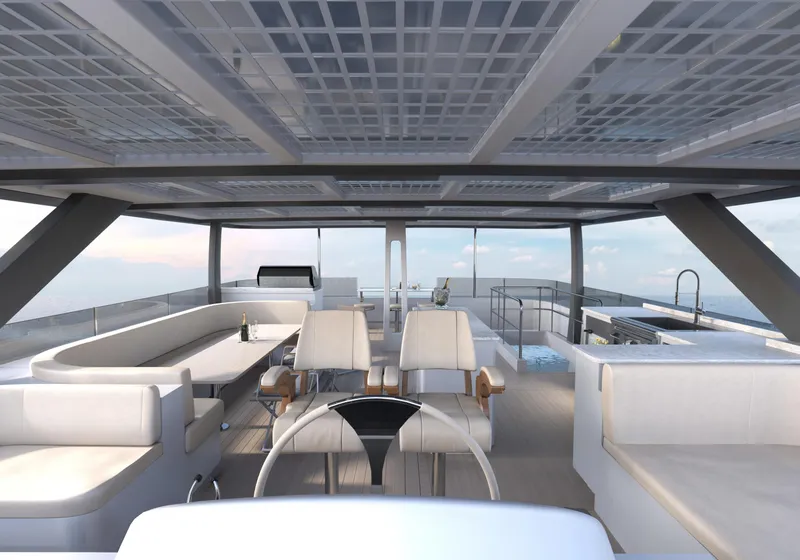 Slide: The Image of Luxurious 2025 Catamaran HS 65 interior with modern seating and panoramic ocean views. - 14