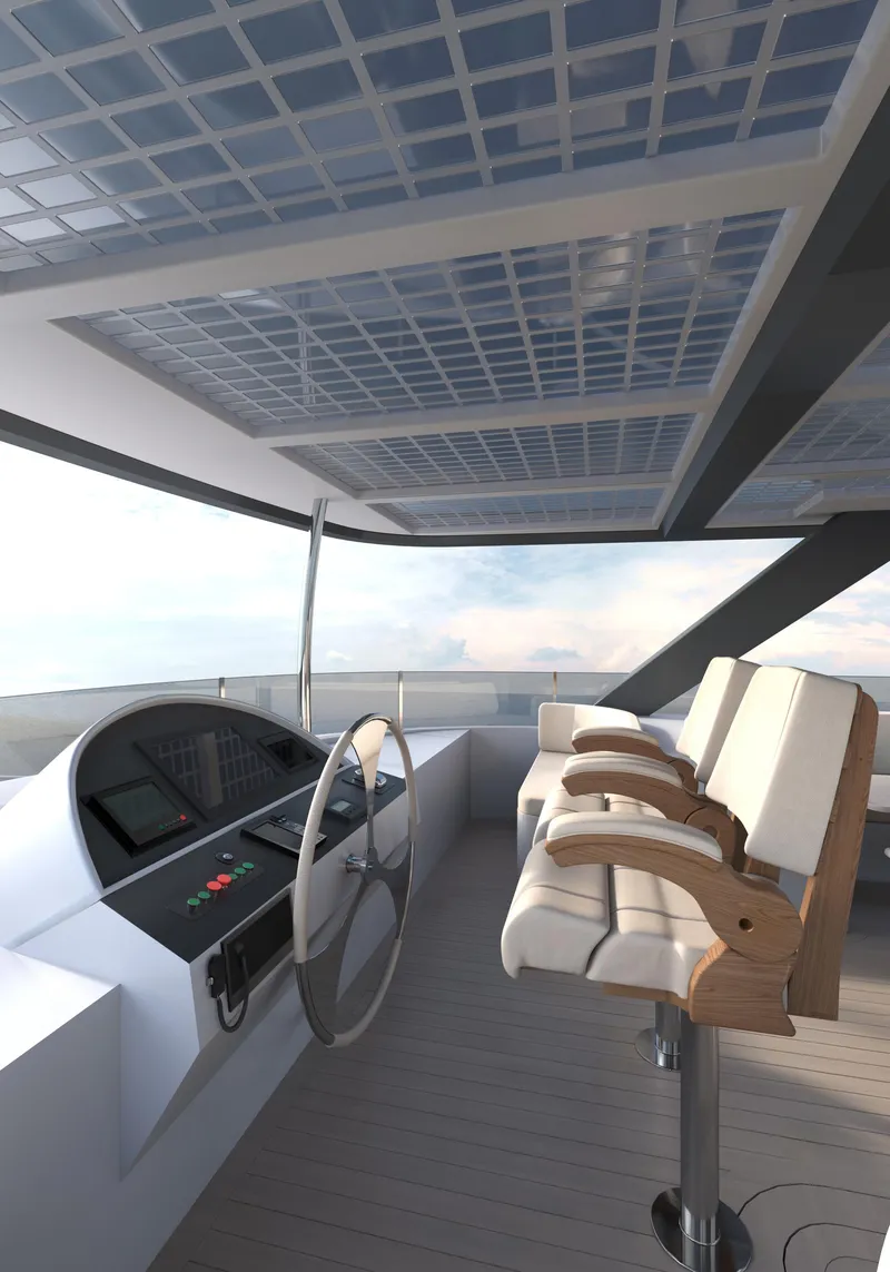 Slide: The Image of Modern Catamaran HS 65 cockpit with solar panels, sleek design, and comfortable seating, 2025 model. - 15
