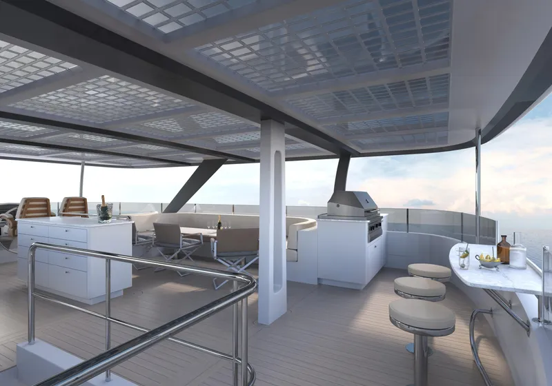Slide: The Image of Luxurious 2025 Catamaran HS 65 deck with modern seating, bar, and grill area. - 16