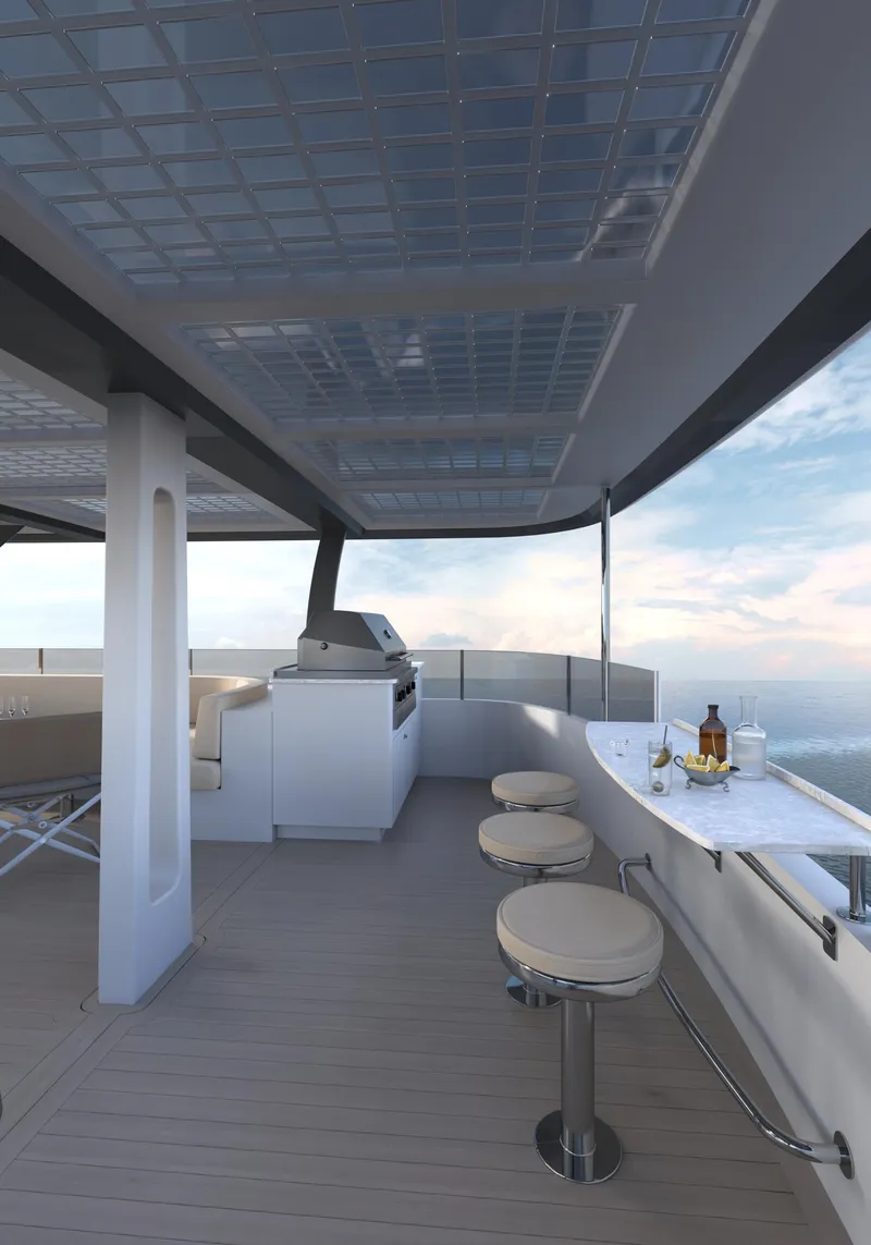 Slide: The Image of Luxurious 2025 Catamaran HS 65 deck with bar stools and ocean view. - 17