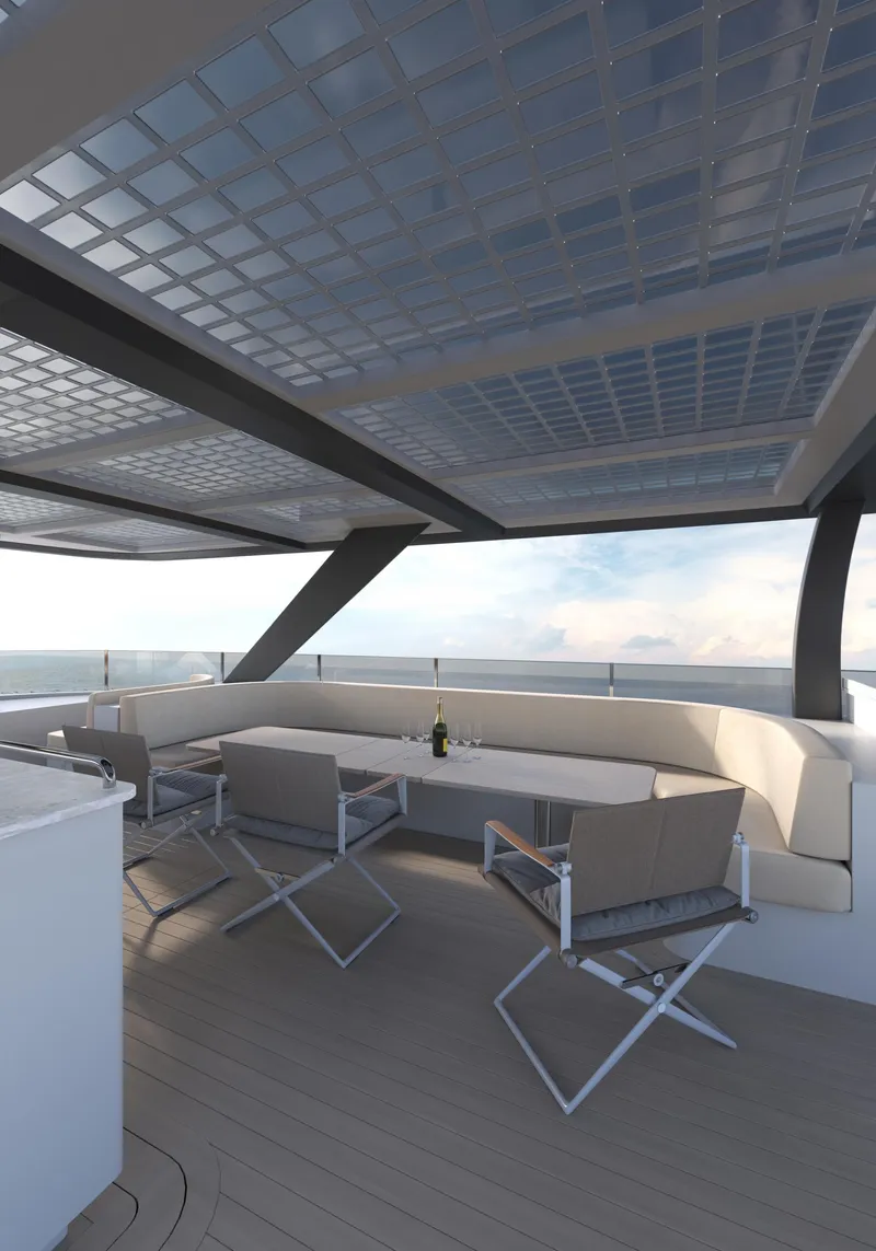 Slide: The Image of Luxurious 2025 Catamaran HS 65 deck with modern seating and panoramic views. - 19