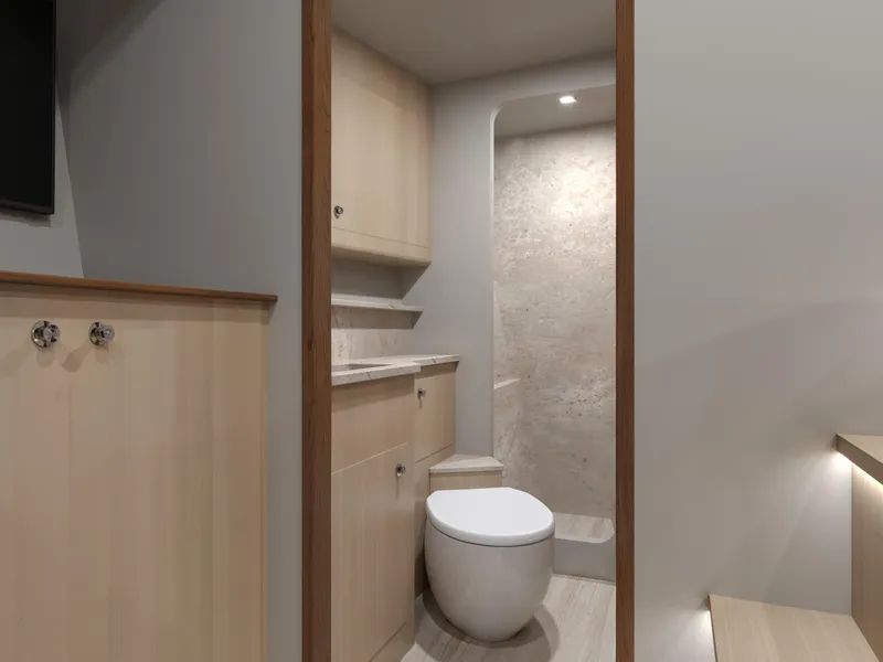 Slide: The Image of Modern bathroom interior in 2025 Catamaran HS 65 yacht, featuring sleek design and wood accents. - 22