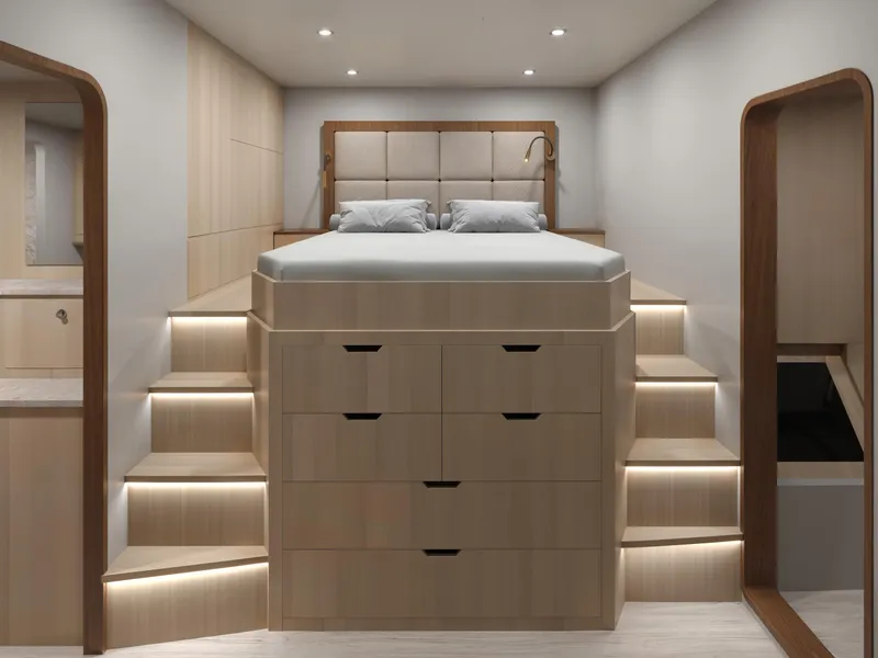 Slide: The Image of Luxurious Catamaran HS 65 bedroom interior with elevated bed and modern lighting, 2025 model. - 23