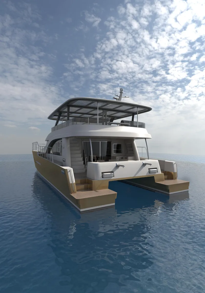 Slide: The Image of 2025 Catamaran HS 65 sailing on calm ocean under a partly cloudy sky. - 4