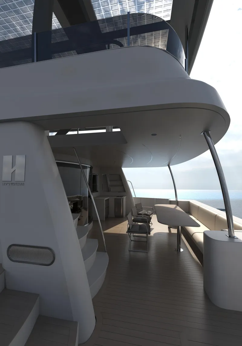 Slide: The Image of Futuristic Catamaran HS 65, 2025 model, featuring sleek design and modern deck layout. - 6