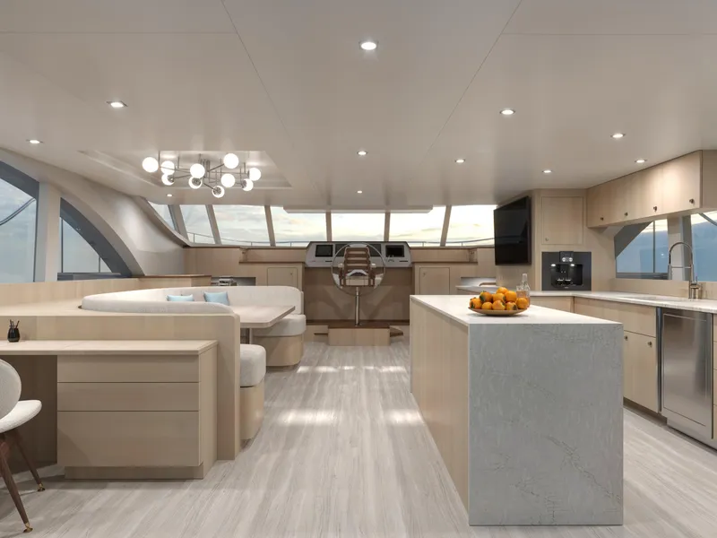 Slide: The Image of Luxurious interior of 2025 Catamaran HS 65 with modern kitchen and seating area. - 7