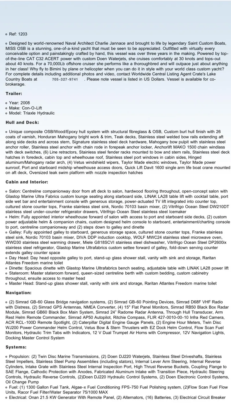 Slide: The Image of A detailed specification sheet for a 2009 Hugh Saint 65 Commuter boat, featuring design and technical details. - 21
