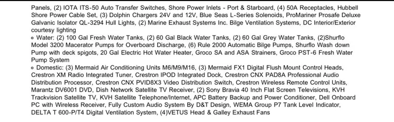 Slide: The Image of Electrical and water systems specifications for a 2009 Hugh Saint 65 Commuter boat. - 22