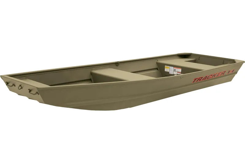 The Image of 2025 Tracker Grizzly 14 Jon boat on pavement, showcasing its sleek design and branding. - 0