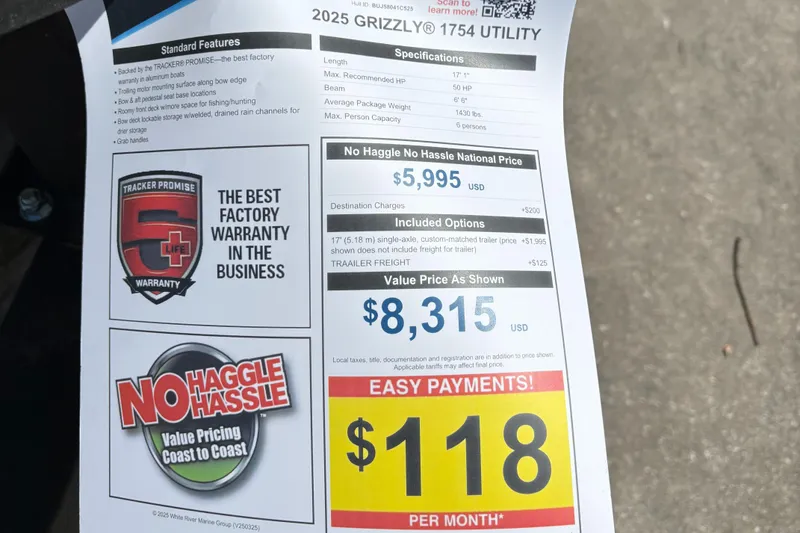 Slide: The Image of 2025 Tracker Grizzly 1754 Jon boat price sheet with warranty and payment details. - 3