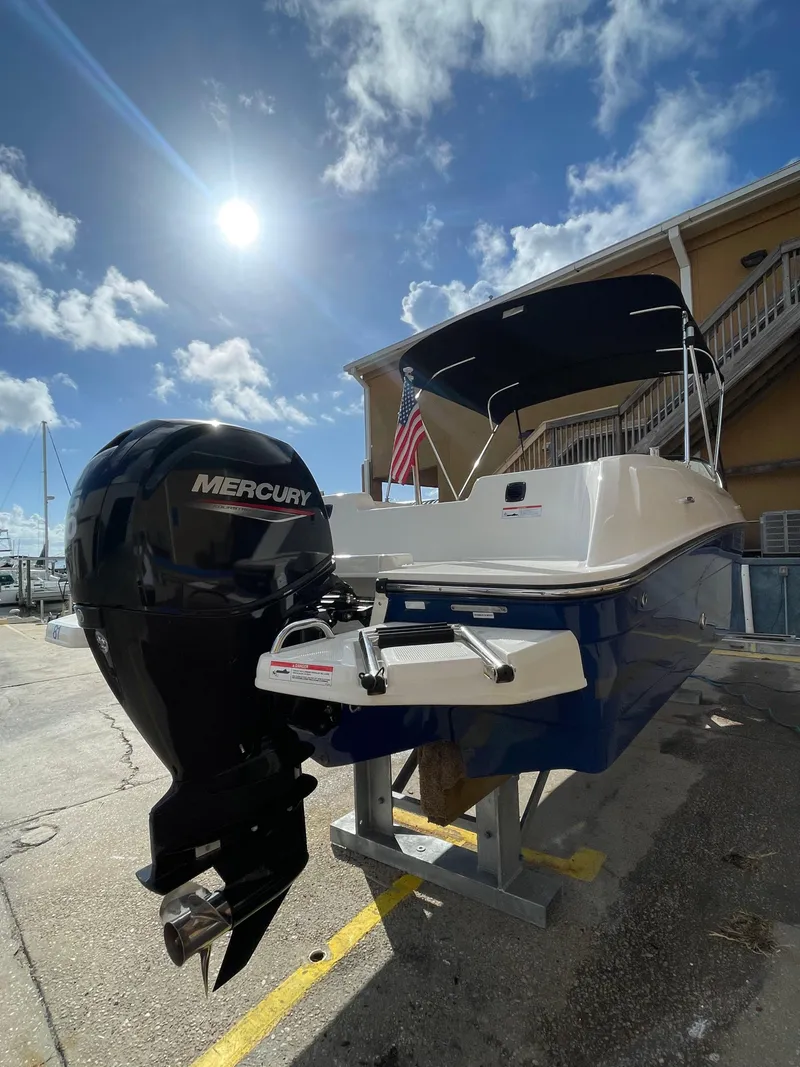 Slide: The Image of 2021 Bayliner Element E21 boat with Mercury engine, docked under a sunny sky. - 8