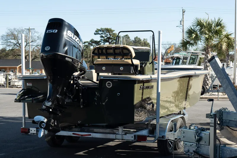 Slide: The Image of 2025 Savannah SS21 Duck boat with Suzuki 150 engine on a trailer. - 11