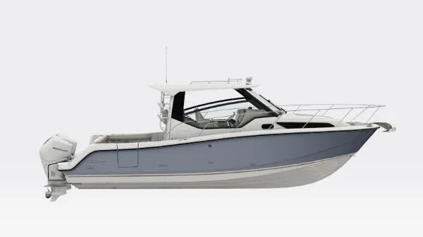 Slide: The Image of 2026 Boston Whaler 325 Conquest boat, side view, sleek design, dual outboard engines. - 21