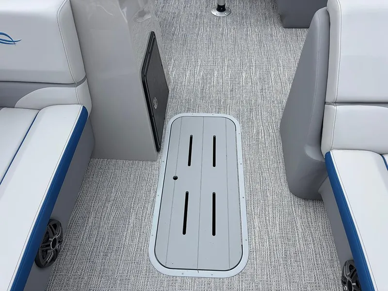 Slide: The Image of Interior of 2025 SunCatcher Select 322RF boat with gray seating and flooring. - 18