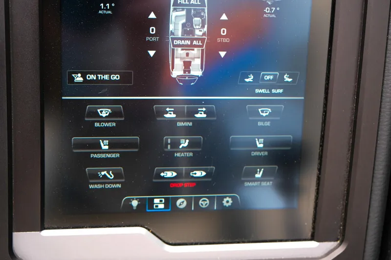 Slide: The Image of Touchscreen control panel of a 2025 Supra SE450 boat, displaying various operational settings. - 22