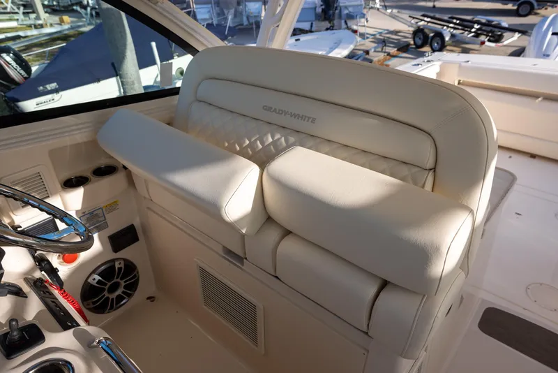Slide: The Image of 2024 Grady-White Freedom 375 boat interior with luxurious seating and modern design. - 19