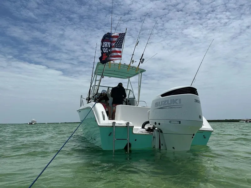 Slide: The Image of 2005 Sea Fox 257 Walk Around boat with Suzuki engine on calm water. - 4