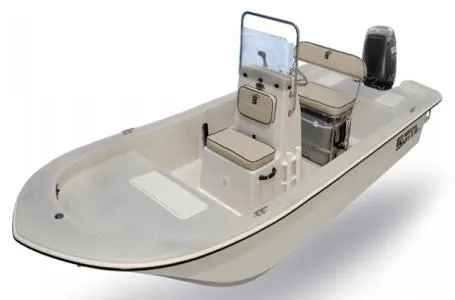Slide: The Image of 2025 Carolina Skiff E Series E18 JVX CC boat, center console, beige seating, outboard motor. - 5