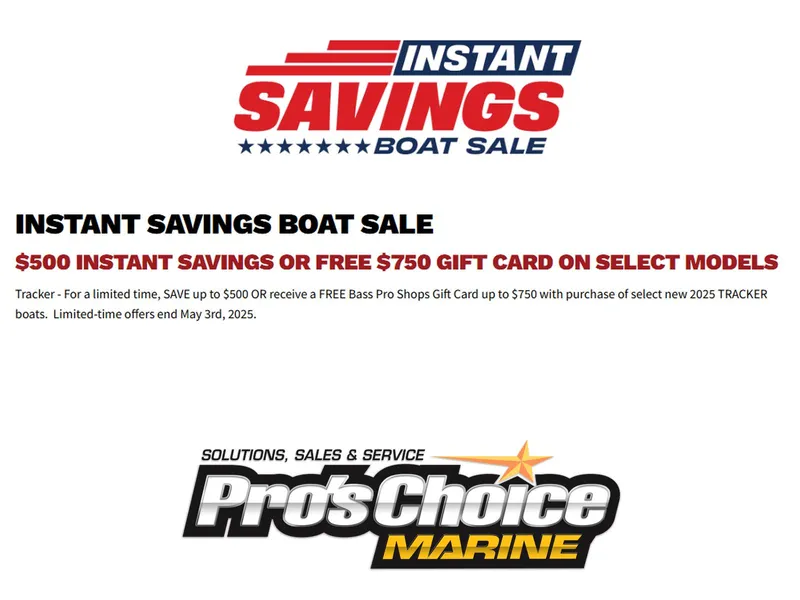 Slide: The Image of Instant savings boat sale with $500 savings or $750 gift card on 2025 Tracker models. - 3