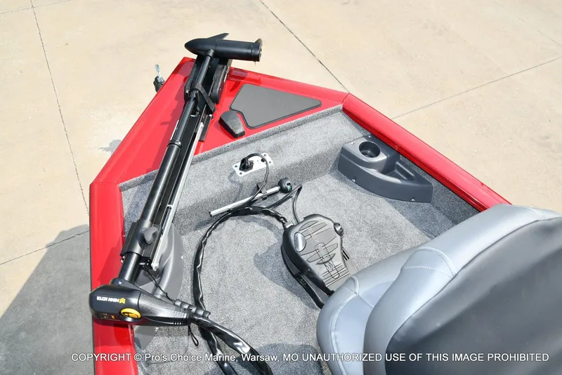Slide: The Image of 2025 Tracker Pro Team 175 Crappie Edition boat interior with trolling motor and seating. - 43