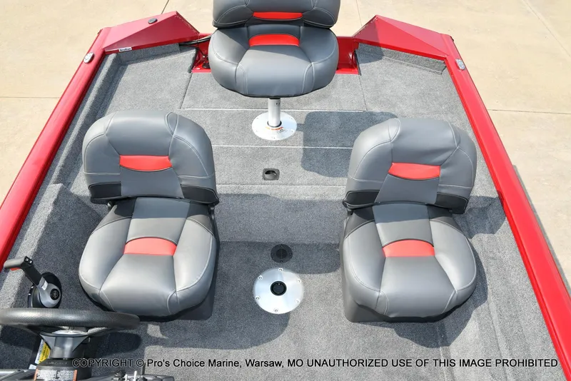 Slide: The Image of 2025 Tracker Pro Team 175 Crappie Edition boat interior with gray and red seating. - 47