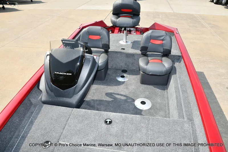 Slide: The Image of 2025 Tracker Pro Team 175 Crappie Edition boat with red accents and comfortable seating. - 9